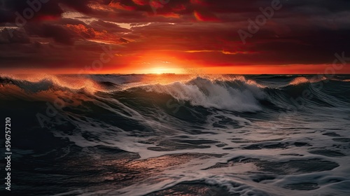 Raging Storm Waves Light Up the Evening Sky in an Ocean Sunset: Generative AI