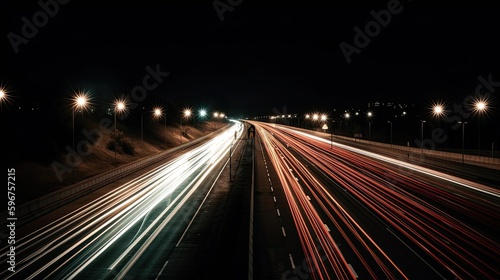 Highway Lights Trailblazing Through the Night Sky - Speed and Motion in the Darkness. Generative AI