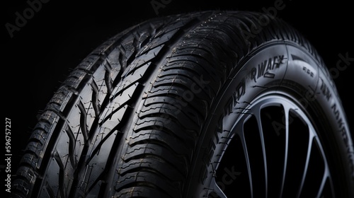 New Car Tires on Black Background - A Close-Up of Automotive Rubber for Transport: Generative AI