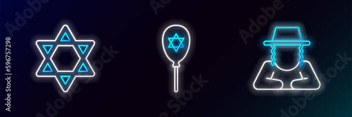 Set line Orthodox jewish hat, Star of David and Balloon with star david icon. Glowing neon. Vector