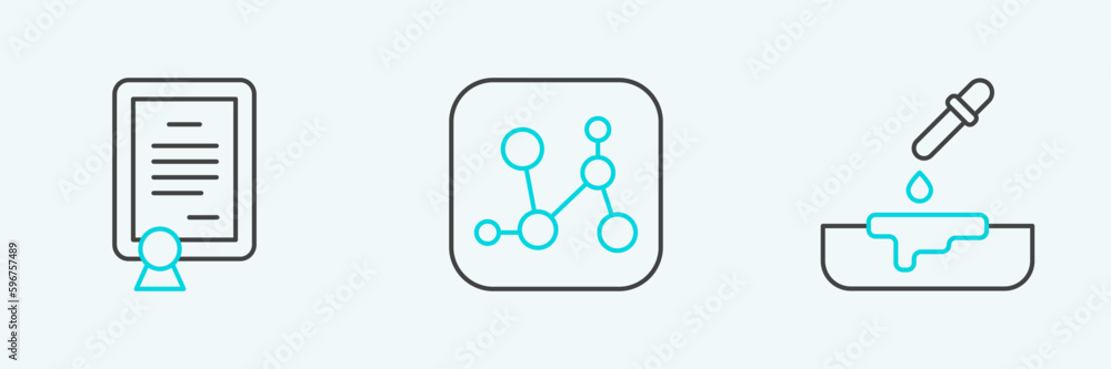 Set line Petri dish with pipette, Certificate template and Chemical formula icon. Vector Set line Petri dish with pipette, Certificate template and Chemical formula icon. Vector