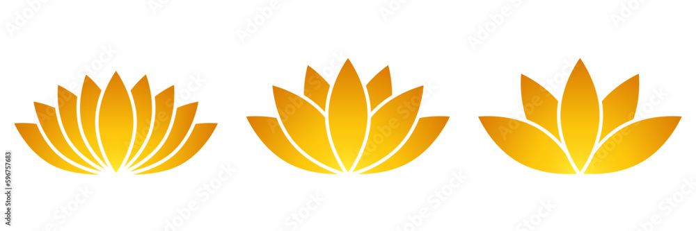 Lotus flower symbol set, flat style yellow, gold color vector icon object. Floral label with five petals, wellness, health and yoga industry or meditation logo, isolated on white background. Lotus flower symbol set, flat style yellow, gold color vector icon object. Floral label with five petals, wellness, health and yoga industry or meditation logo, isolated on white background.