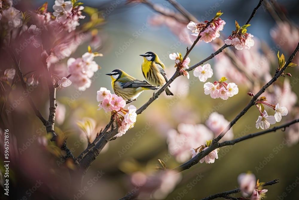 springtime, with blooming flowers and birds singing in the background, created with generative ai springtime, with blooming flowers and birds singing in the background, created with generative ai