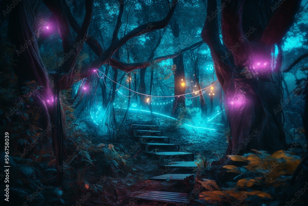 Vibrant enchanted woods with neon light accents, mystical atmosphere and fairy tale ambiance. Generative AI