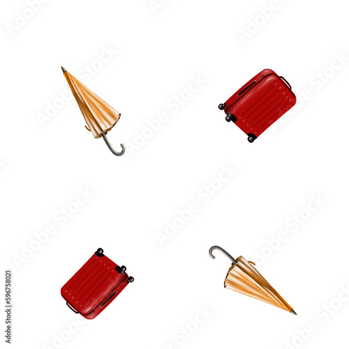 luggage, pattern, baggage, red of suitcases, umbrella bags on a white background, llustrations are drawn on a blue background. Drawn by hand. for the design of postcards, booklets, clothes, dishes