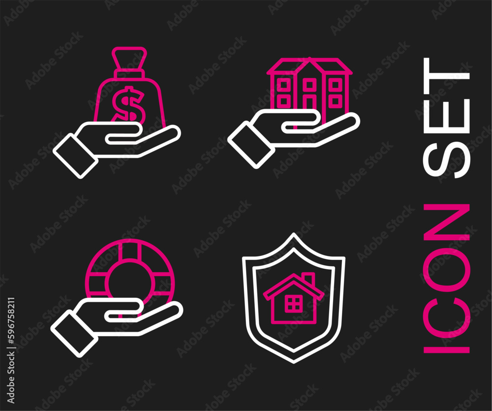 Set line House with shield, Lifebuoy in hand, and Money icon. Vector Set line House with shield, Lifebuoy in hand, and Money icon. Vector