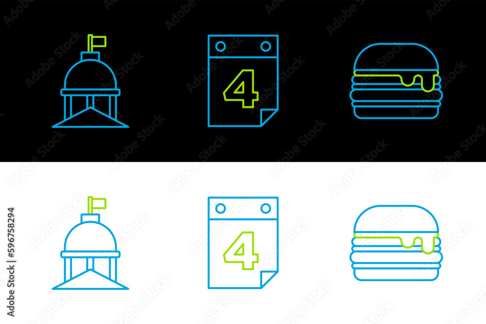 Set line Burger, White House and Calendar with date July 4 icon. Vector Set line Burger, White House and Calendar with date July 4 icon. Vector