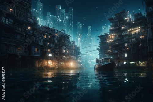 Explore futuristic underwater city with detailed bokeh   ultra-wide angle cinematography. Generative AI