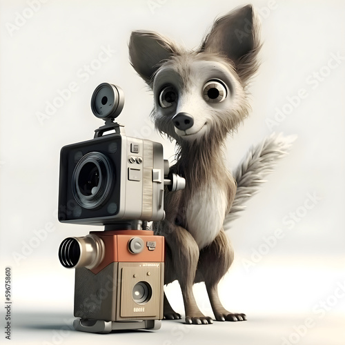 Cute little chihuahua dog with a camera on a white background