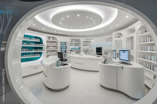 Concept future pharmacy, modern design . Generative AI © Iryna