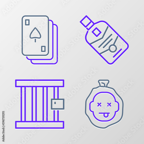 Set line Murder, Prison window, Whiskey bottle and Playing cards icon. Vector