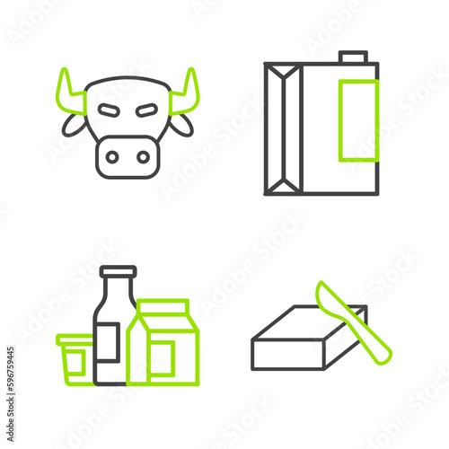 Set line Butter in a butter dish, Milk product, Paper package for kefir and Cow head icon. Vector