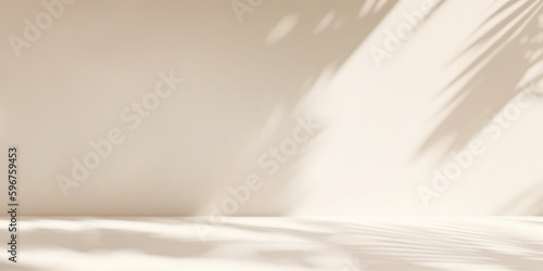 plant leaf shadows on beige wall. background for product advertisement. banner with copy space. generative AI