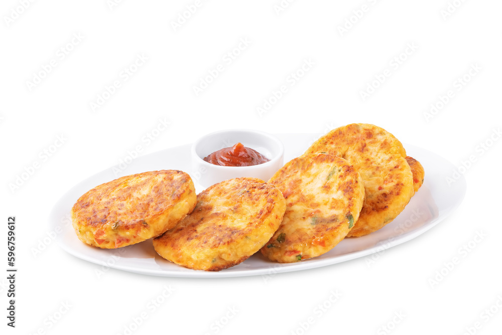 Chicken fritters with parsley and cheese on a white isolated background Chicken fritters with parsley and cheese on a white isolated background