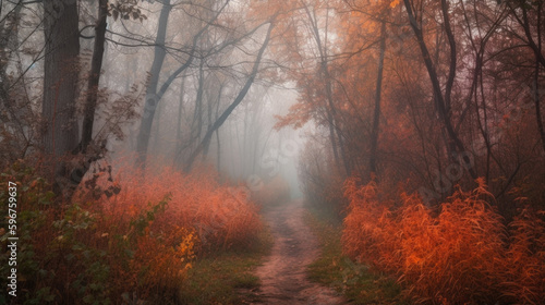 a dirt road through an autumn forest with red leaves on the trees with fog. Generative AI