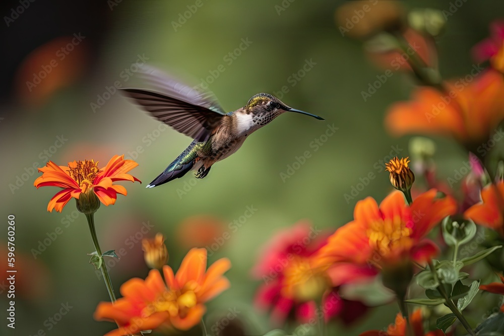 Naklejka premium hummingbird hovering over flower garden, created with generative ai