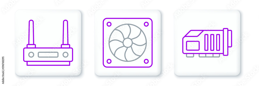 Set line Video graphic card, Router and wi-fi signal and Computer cooler icon. Vector Set line Video graphic card, Router and wi-fi signal and Computer cooler icon. Vector