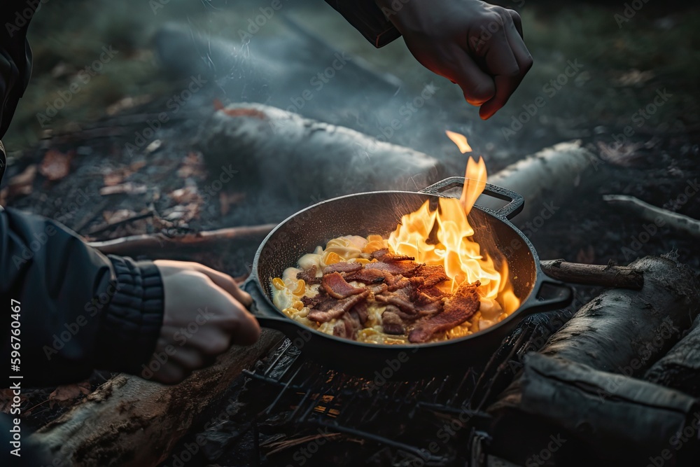 backpacker cooking breakfast of scrambled eggs and bacon over open flame, created with generative ai