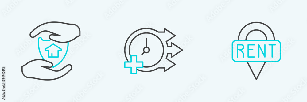 Set line Location key, House with shield and Clock icon. Vector Set line Location key, House with shield and Clock icon. Vector