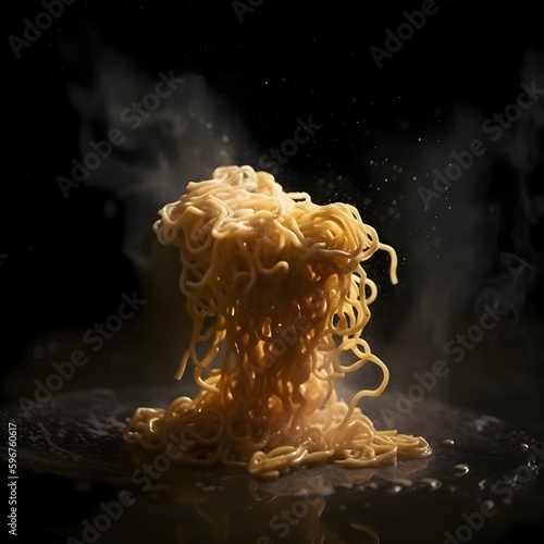 Instant noodles on a black background with smoke, close up.