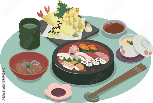 お寿司と天ぷらの定食のベクターイラスト素材