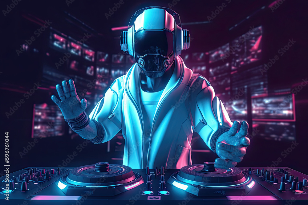 DJ robot mixing music in night club with neon lights. Artificial intelligence has fun like a human. Created with Generative AI - obrazy, fototapety, plakaty 