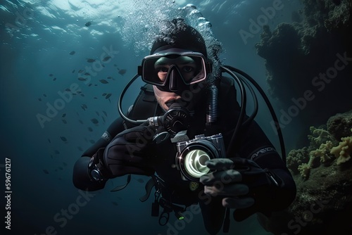 scuba diver with camera in hand, capturing underwater beauty, created with generative ai © Natalia