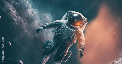 Single astronaut floating in space with dust and stars, created using generative ai technology