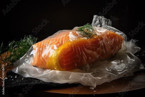 sous-vide salmon fillet, wrapped in cheesecloth and slow-cooked in warm bath, created with generative ai photo