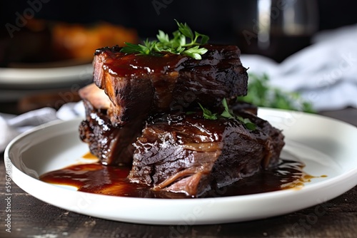 sous-vide-cooked short ribs, slow cooked to tender perfection and topped with a tangy bbq sauce, created with generative ai