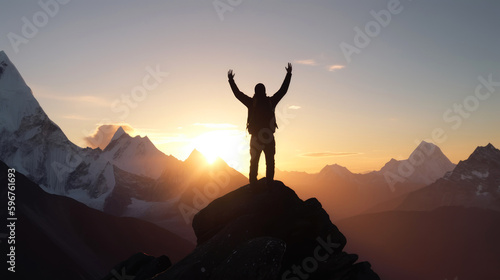On the peak of the mountain man's silhouette with arms raised at sunset. Generative AI
