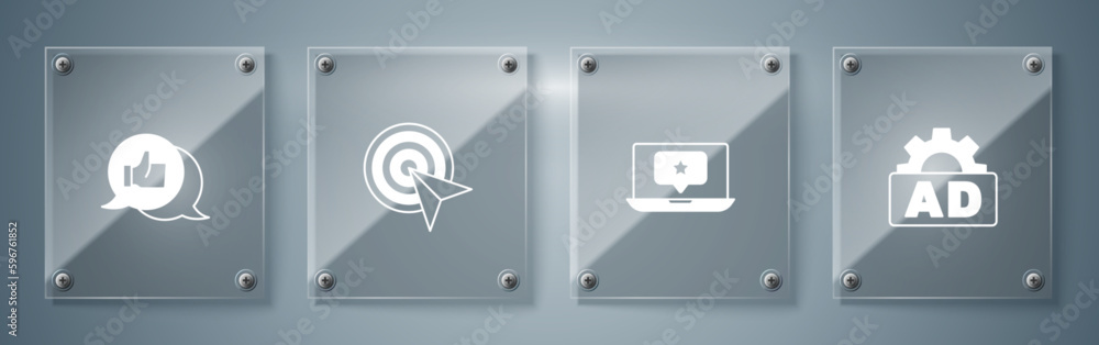 Set Advertising, Laptop with star, Target and Customer product rating. Square glass panels. Vector Set Advertising, Laptop with star, Target and Customer product rating. Square glass panels. Vector