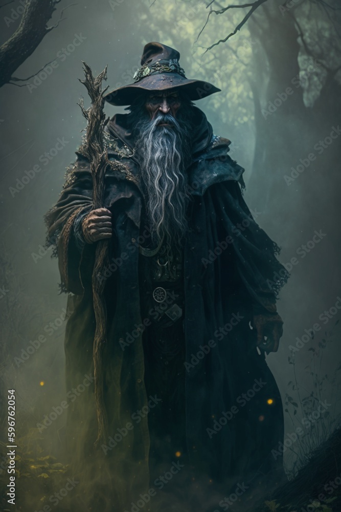 Old wizard in magic forest
