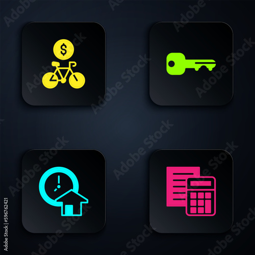 Set Calculator, Bicycle rental mobile app, Time is money and House key. Black square button. Vector