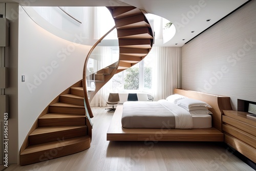 curving staircase leading to asymmetrical room with a floating bed and minimalist decor  created with generative ai