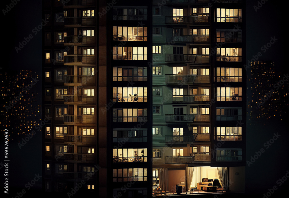 Multi-storey building from the windows of which the light is on. AI Generated Multi-storey building from the windows of which the light is on. AI Generated