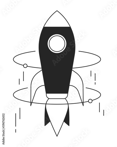 Rocket reaching high speed flat line black white vector object. Spacecraft, startup launch. Editable cartoon style icon. Simple isolated outline spot illustration for web graphic design and animation