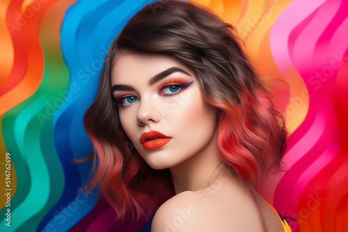 Beauty fashion female model, colorful background. beautiful conceptual photography of the emotions of colors. futuristic concept. created with ai
