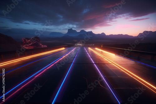 Ai generated illustration of night highway with neon light