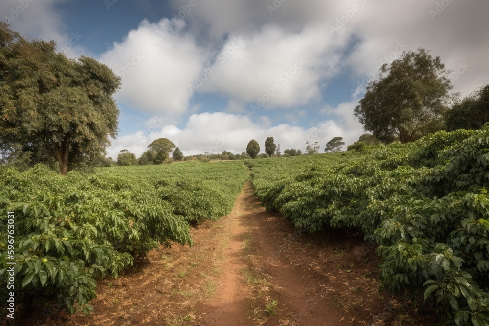 Farm with coffee plantation, green bushes. Generative ai.