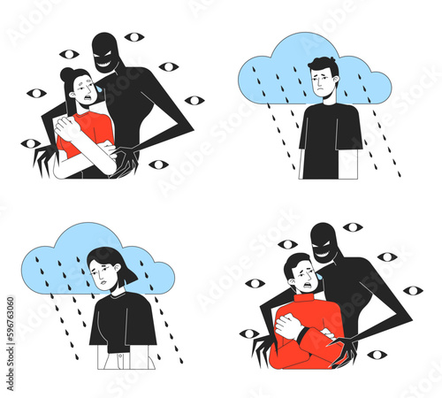 Mental illnesses flat line concept vector spot illustration set. Depressed 2D cartoon outline characters on white for web app UI design. Mood disorders, schizophrenia editable colorful hero image pack