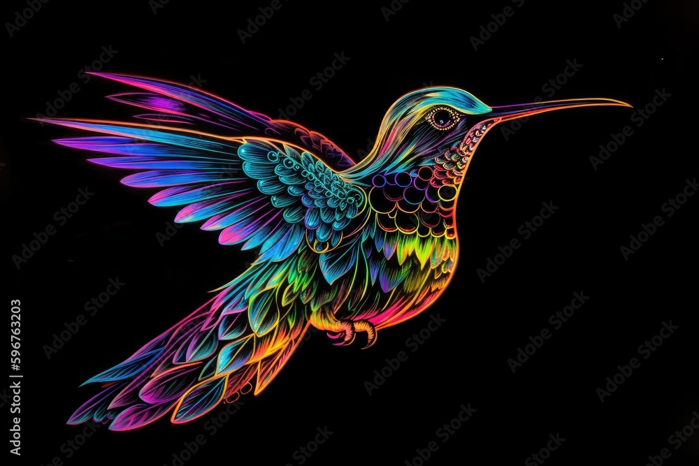 Obraz premium blacklight and uv-reactive painting of hummingbird, with realistic details and vibrant colors, created with generative ai
