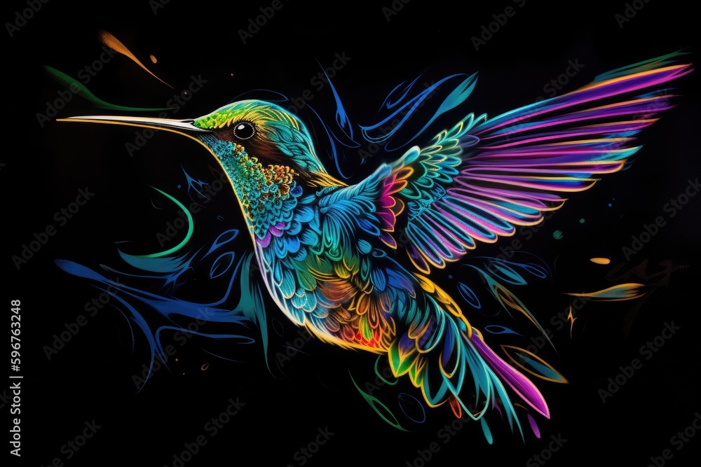 Obraz premium blacklight and uv-reactive painting of hummingbird, with realistic details and vibrant colors, created with generative ai