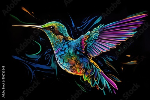 blacklight and uv-reactive painting of hummingbird, with realistic details and vibrant colors, created with generative ai © Natalia