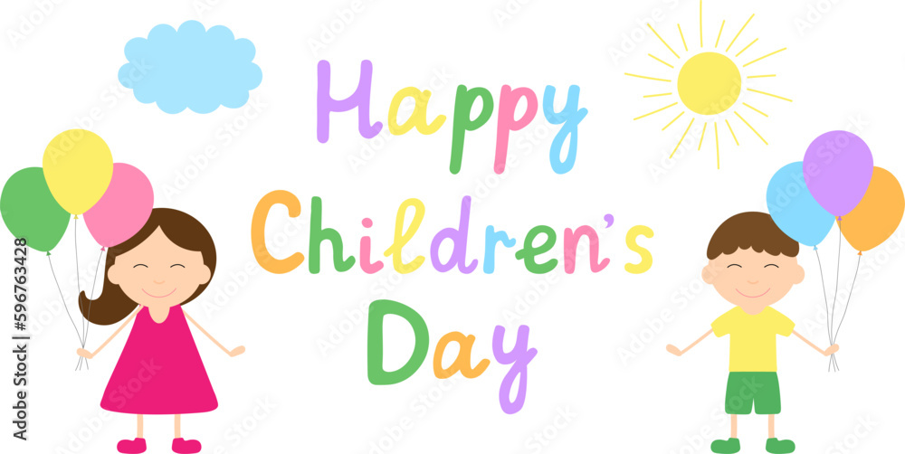 Banner template Happy Children's Day kids cartoon ballons lettering vector illustration