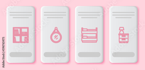 Set line Shelf with books, Mirror, Bunk bed and Furniture nightstand lamp. White rectangle button. Vector