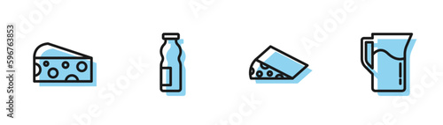 Set line Cheese, , Drinking yogurt in bottle and Milk jug or pitcher icon. Vector