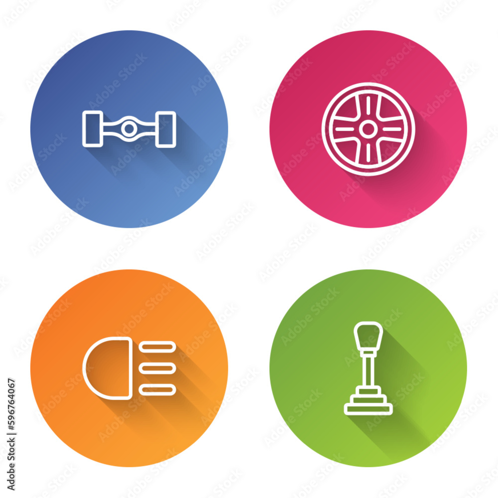 Set line Chassis car, Alloy wheel, High beam and Gear shifter. Color circle button. Vector Set line Chassis car, Alloy wheel, High beam and Gear shifter. Color circle button. Vector