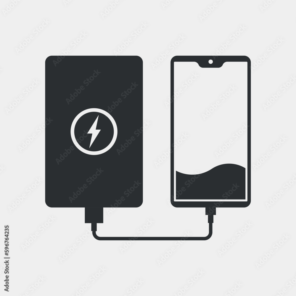 Smartphone to power bank connection via USB cable black and white vector illustration. Smartphone to power bank connection via USB cable black and white vector illustration.