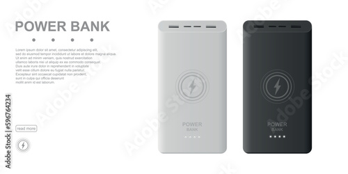 Set of silver and black power banks realistic vector illustration isolated on white background. 3D concept.